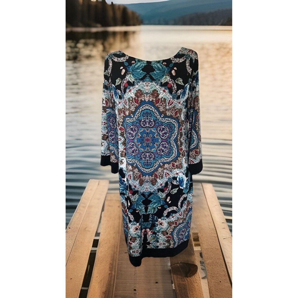 Nicole Miller M Tunic Shift Popover Dress Boho Mod Geo Graphic Print 3/4 Sleeve